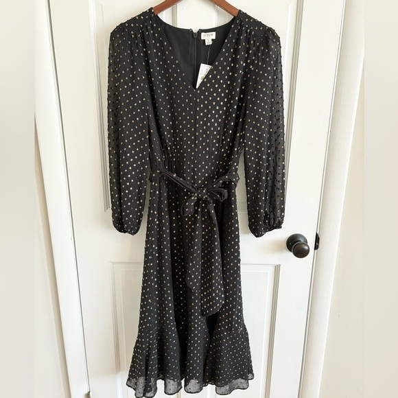 J Crew black and gold Swiss dot midi dress bow size 2 new - Picture 1 of 5